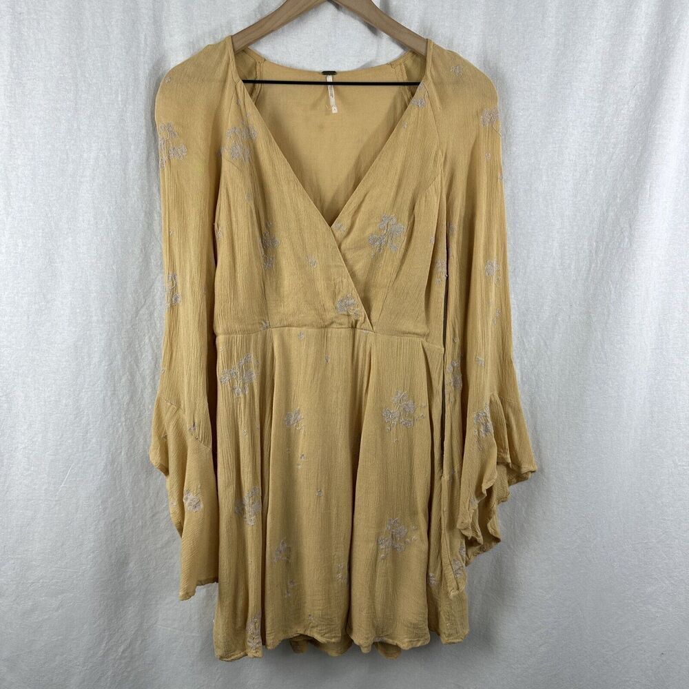Free People Jasmine Embroidered Yellow Flare Sleeve Boho Mini Dress Womens S